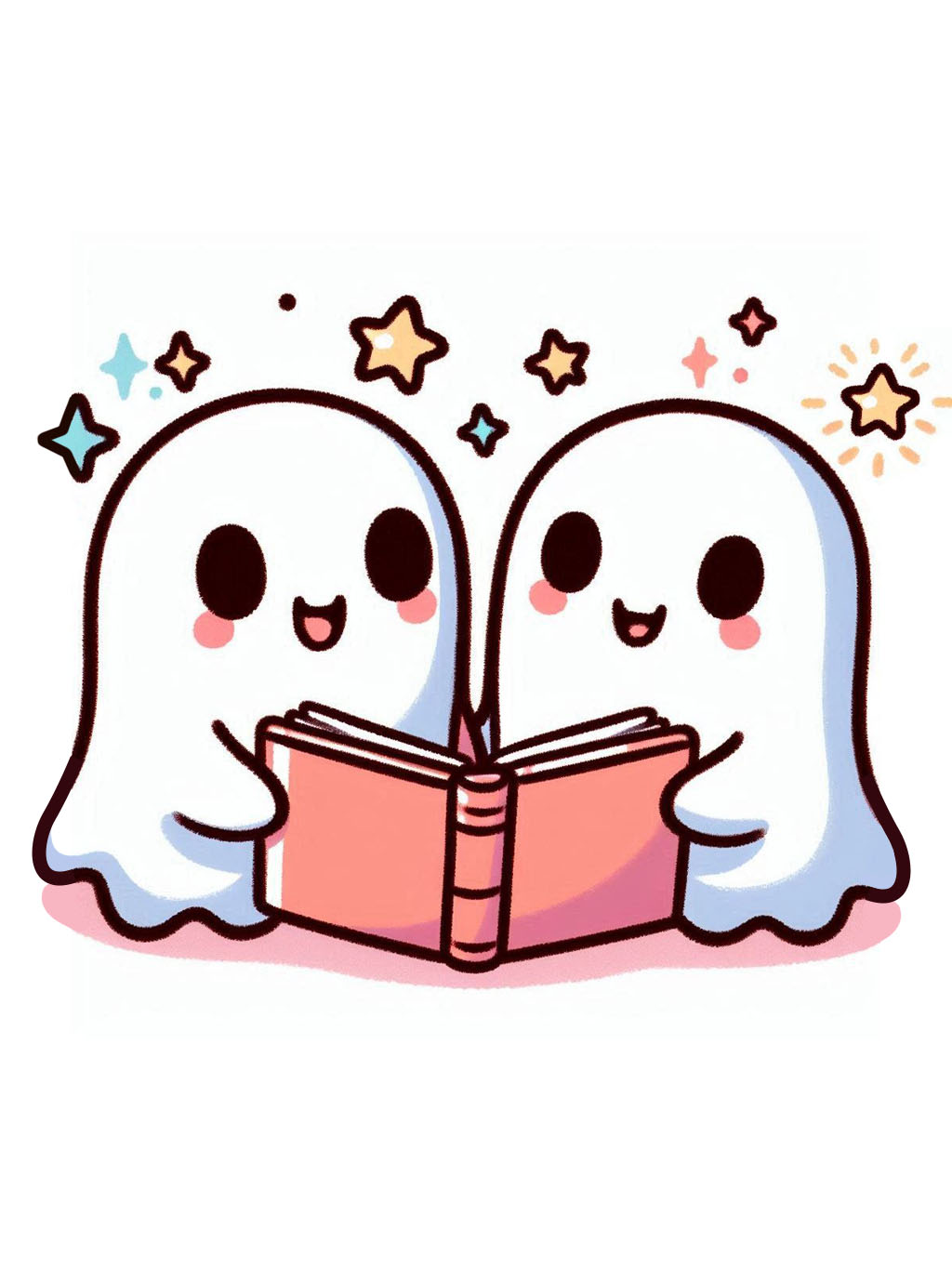cute halloween drawings for kids 2: Two adorable ghost characters are depicted reading a book together, surrounded by colorful stars and sparkles.
